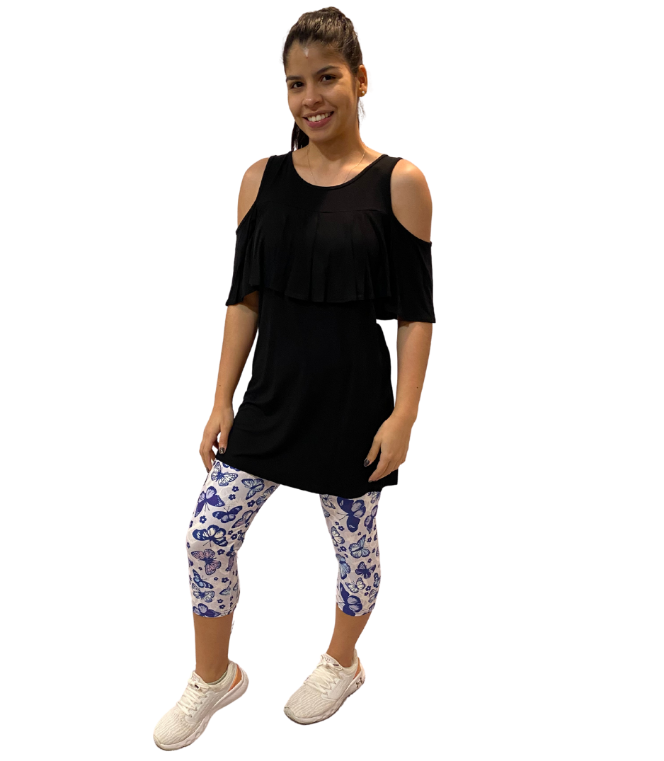 WOMAN WEARING BLACK OPEN SHOULDER SHIRT