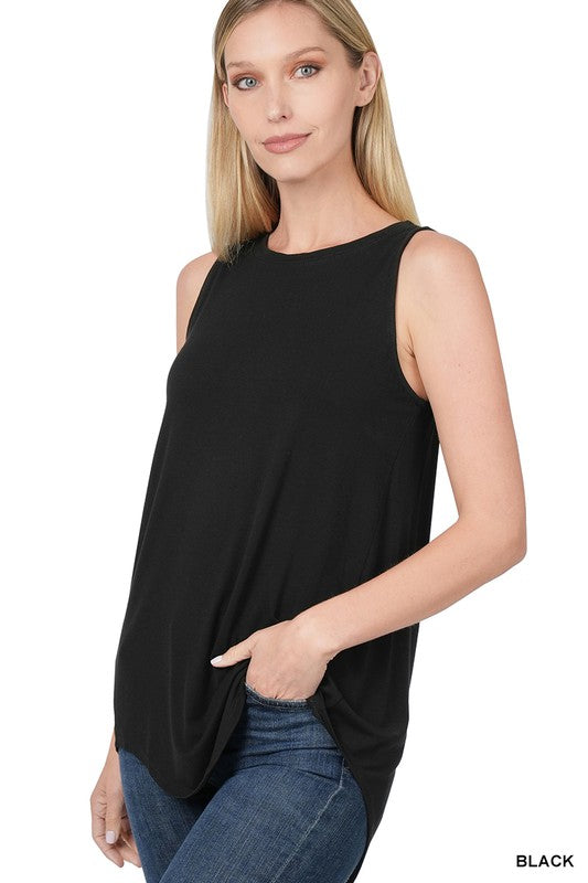 WOMAN WEARING SLEEVELESS BLACK SHIRT