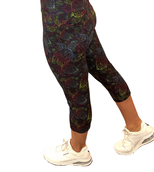 ONE SIZE BLACK YOGA BAND LEGGINGS WITH POCKETS AND TURTLES Luv 21