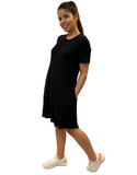 WOMAN WEARING SHORT SLEEVE BLACK DRESS