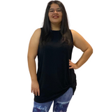 WOMAN WEARING PLUS SIZE BLACK TANK TOP AND LEGGINGS