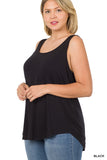 WOMAN WEARING PLUS SIZE BLACK TANK TOP WITH LEGGINGS