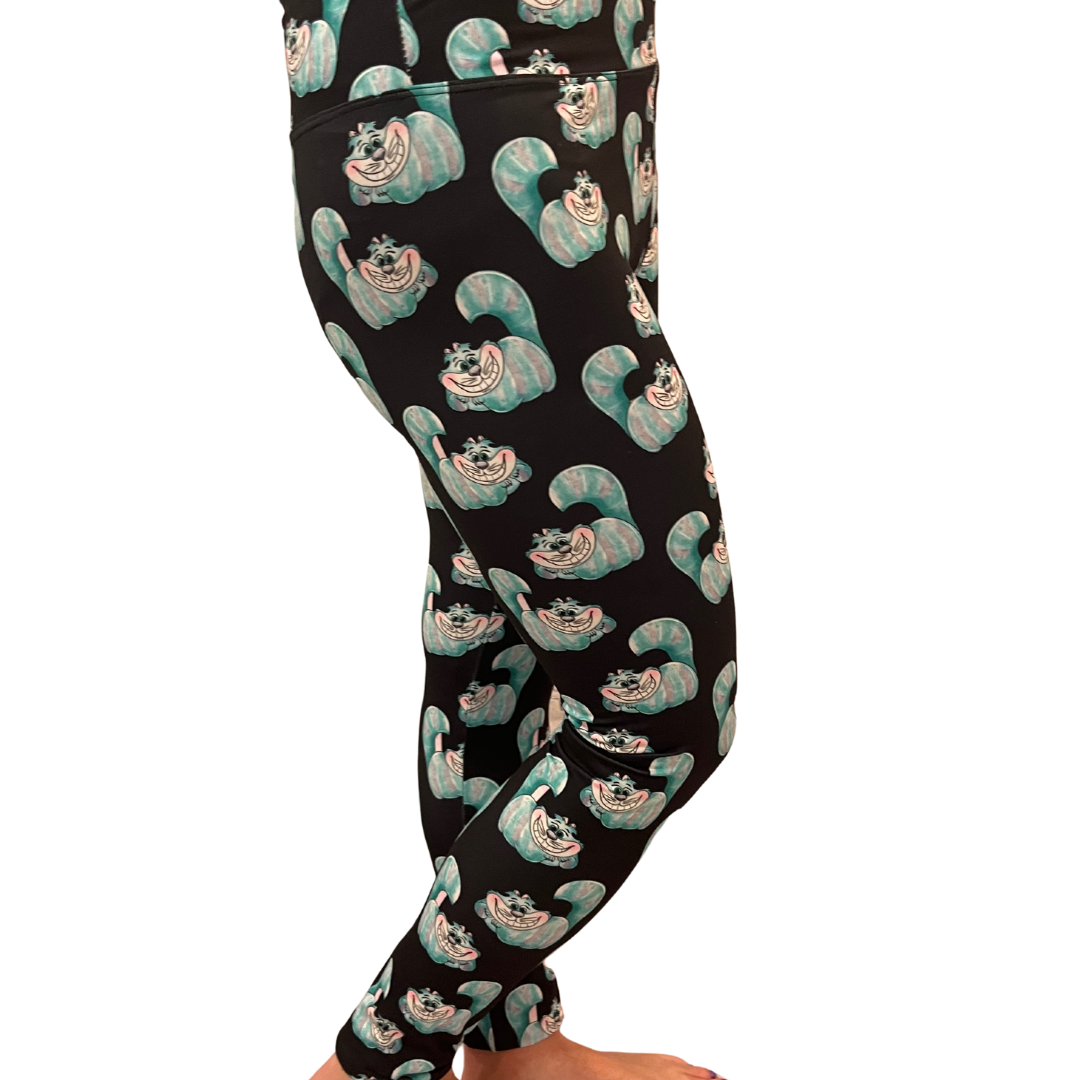 WOMAN WEARING EXTRA CURVY ALICE IN WONDERLAND LEGGINGS