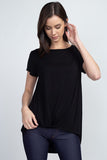 WOMAN WEARING A BLACK HI-LO SHIRT