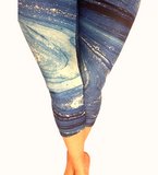 WOMAN WEARING EXTRA PLUS BLUE GALAXY CAPRIS