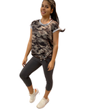 WOMAN WEARING SHORT SLEEVE GRAY CAMO SHIRT