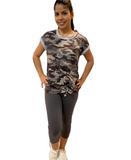 WOMAN WEARING SHORT SLEEVE GRAY CAMOUFLAGE SHIRT