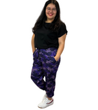 WOMAN WEARING PLUS SIZE PURPLE CAMO JOGGING PANTS
