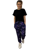 WOMAN WEARING PURPLE CAMO JOGGERS