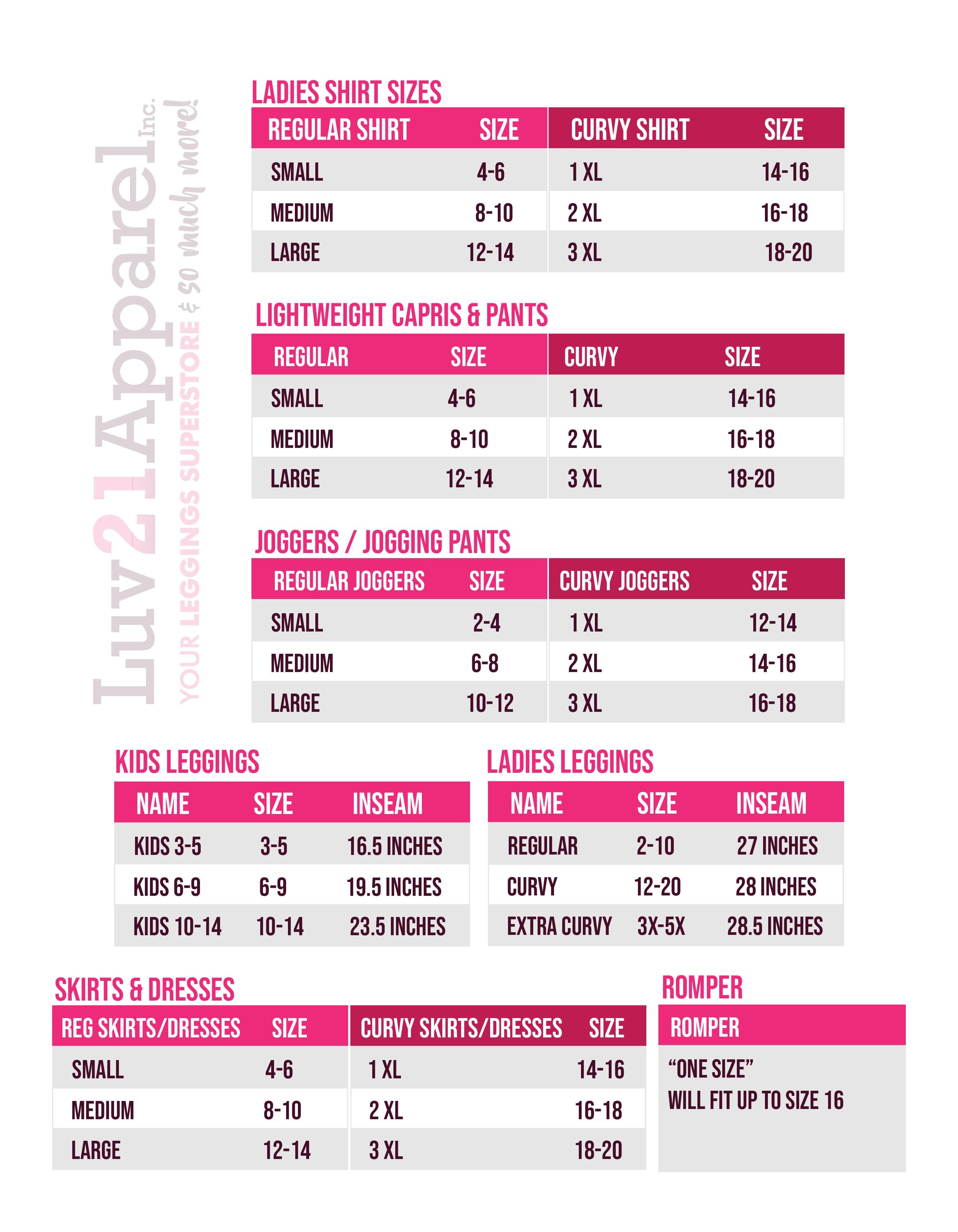 Sizing Chart – Luv 21 Leggings & Apparel Inc.