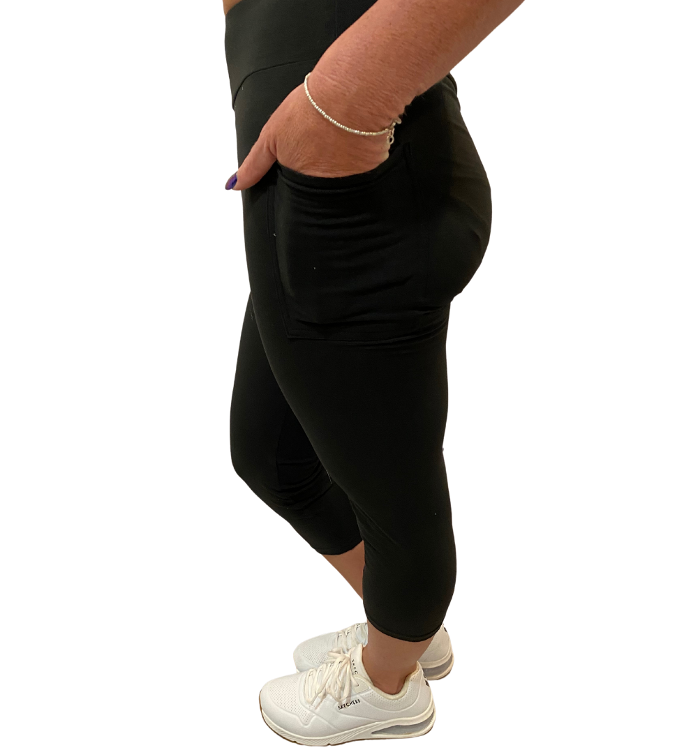 PLUS SIZE BLACK YOGA BAND CAPRI LEGGINGS WITH POCKETS – Luv 21 Leggings &  Apparel Inc.