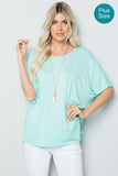 WOMAN WEARING PLUS SIZE BLUE SHORT SLEEVE SHIRT