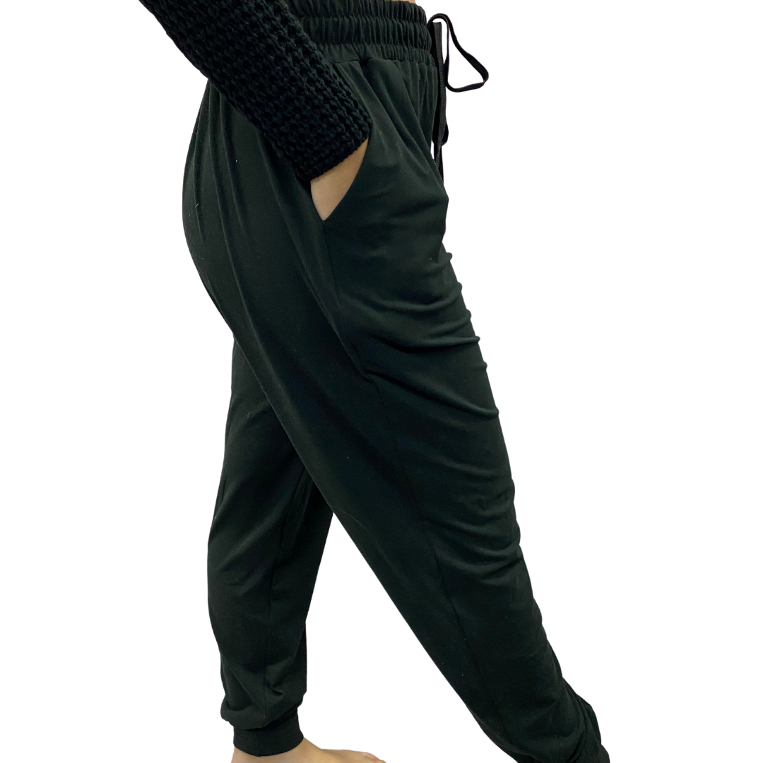 Woman wearing black joggers that feel like leggings
