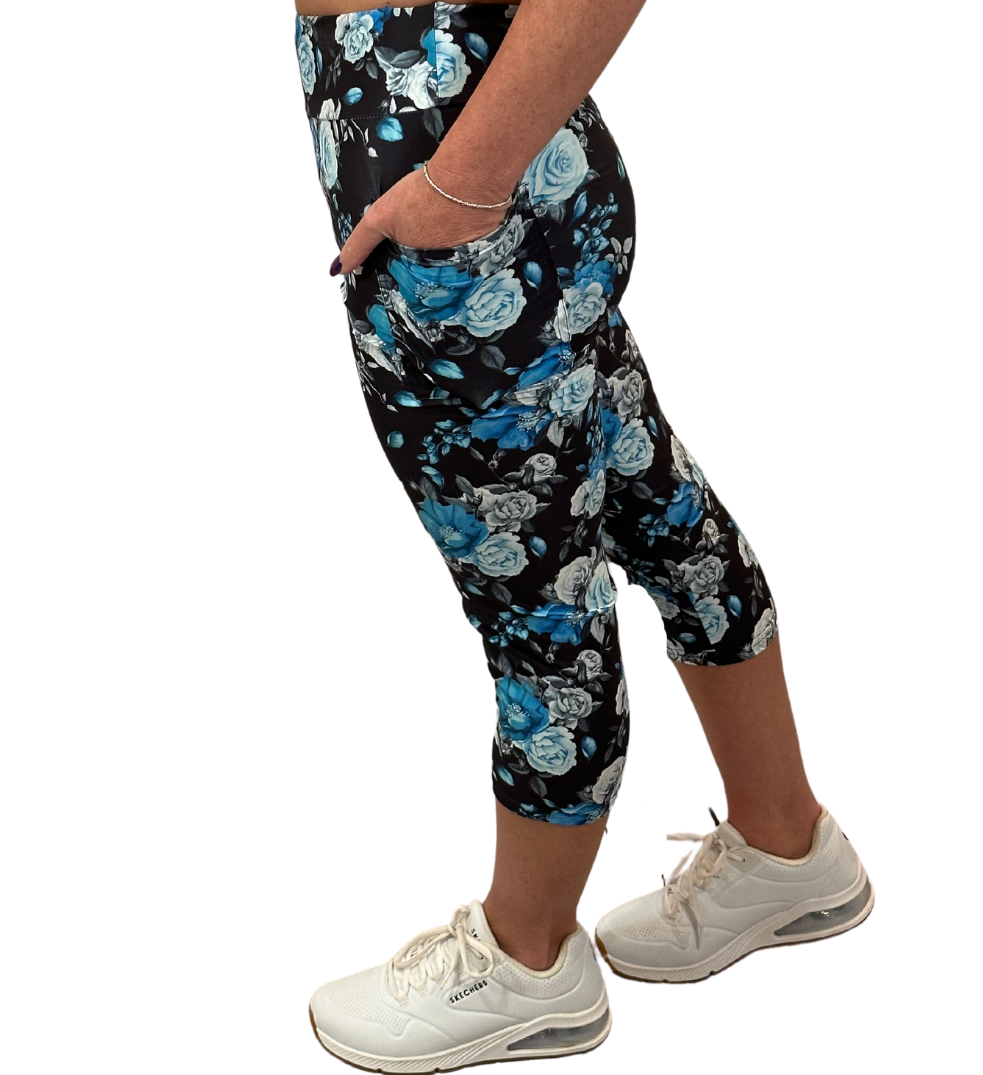 ONE SIZE BLUE AND BLACK FLORAL LEGGING CAPRIS WITH POCKETS – Luv 21 Leggings  & Apparel Inc.