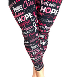 WOMAN WEARING EXTRA PLUS BREAST CANCER LEGGINGS