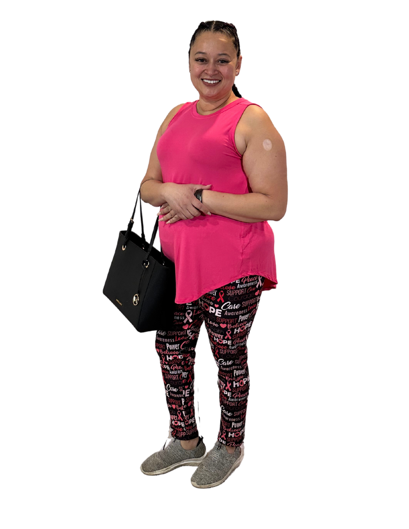 WOMAN WEARING EXTRA CURVY CANCER LEGGINGS