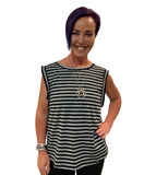 WOMAN WEARING A BLACK STRIPED TANK TOP