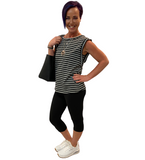 WOMAN WEARING BLACK AND GRAY STRIPED TANK TOP