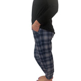 WOMAN WEARING NAVY PLAID JOGGERS