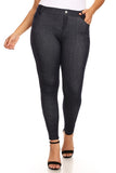 Woman wearing plus size navy jeggings with pockets