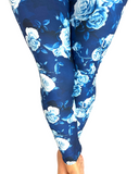 WOMAN WEARING BLUE FLORAL LEGGINGS