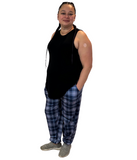 WOMAN WEARING PLUS SIZE NAVY PLAID JOGGING PANTS