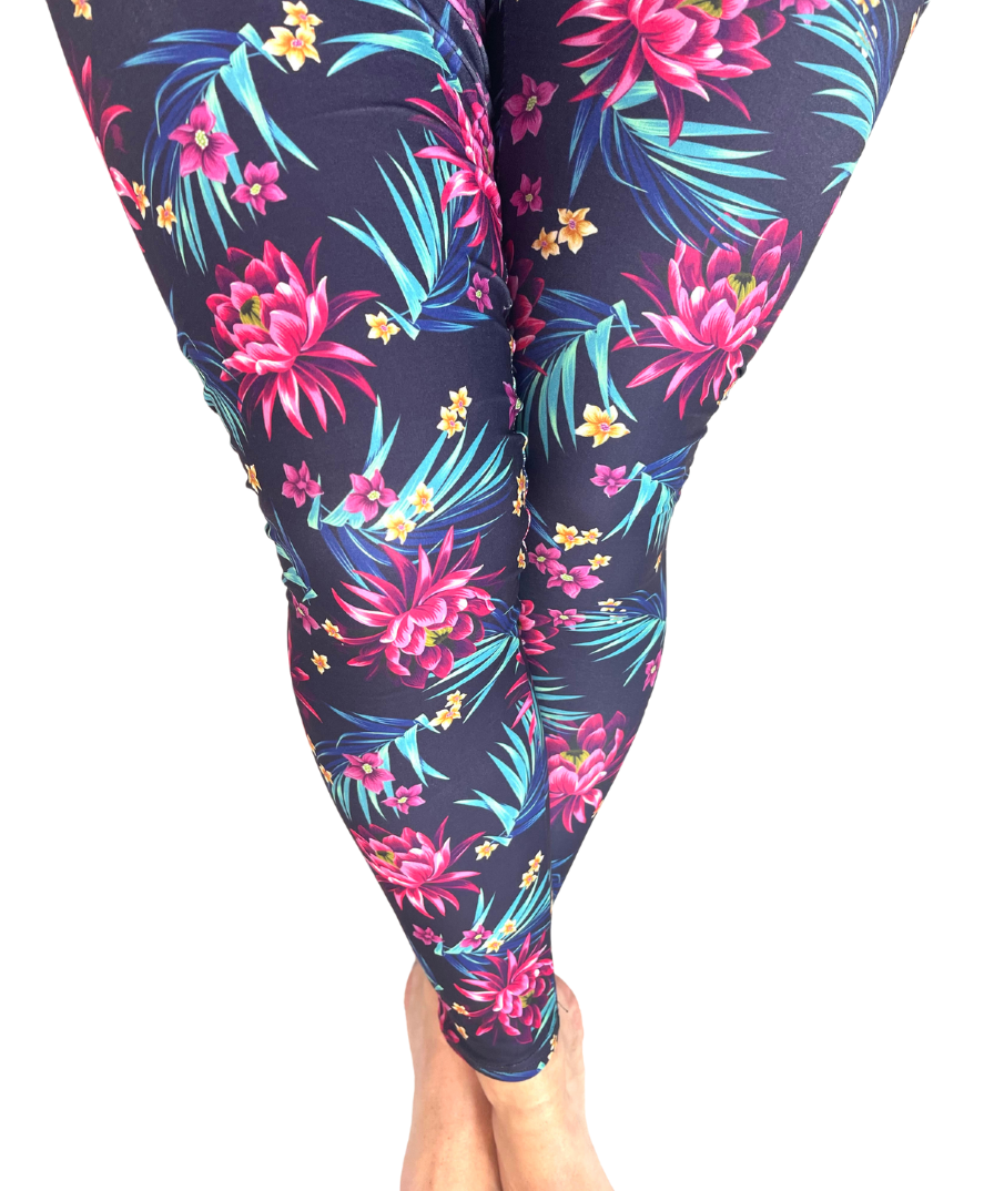 ONE SIZE PURPLE FLORAL YOGA BAND LEGGINGS Luv 21 Leggings Apparel Inc