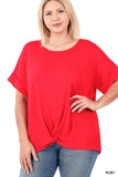 WOMAN WEARING PLUS SIZE SHORT SLEEVE RED TUNIC