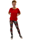 WOMAN WEARING ROCK BAND LEGGINGS