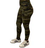 WOMAN WEARING GREEN CAMO YOGA LEGGINGS