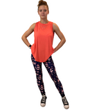 WOMAN WEARING NAVY FLORAL LEGGINGS