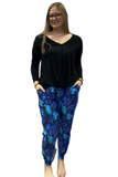 Woman wearing blue patterned jogging pants