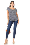 WOMAN WEARING SHORT SLEEVE V-NECK BLUE TOP